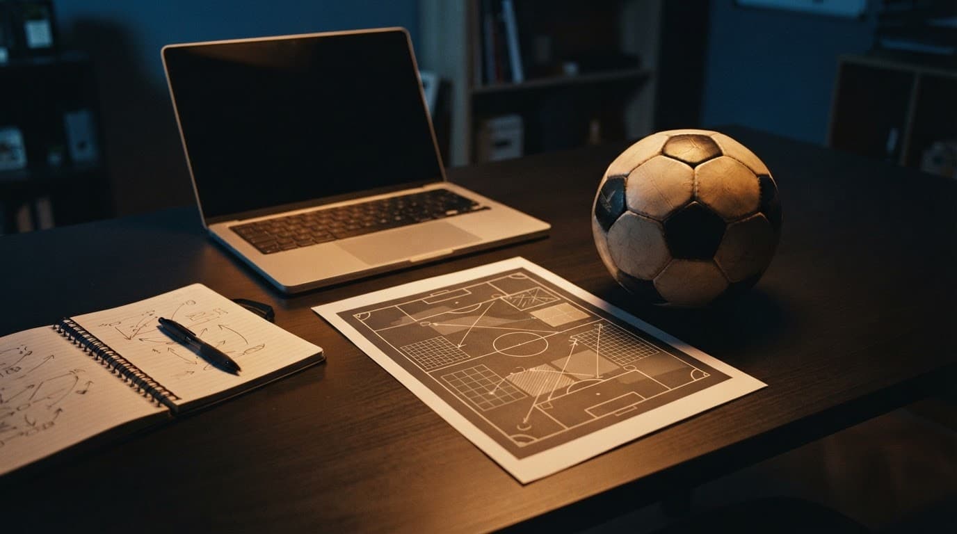 Scrivania con grafico calcistico, pallone, quaderno, penna e laptop.