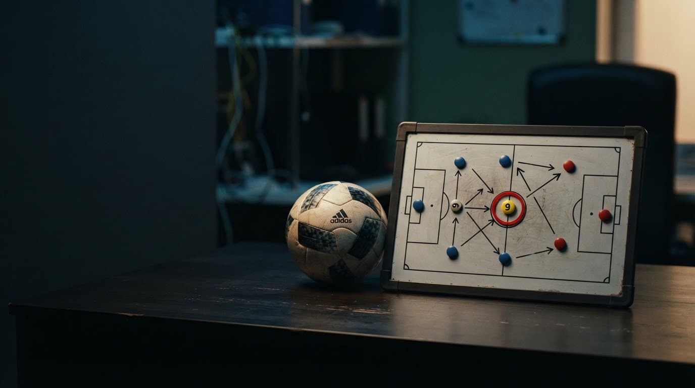 Lavagna tattica con posizione del centravanti evidenziata e pallone su una scrivania scura.
