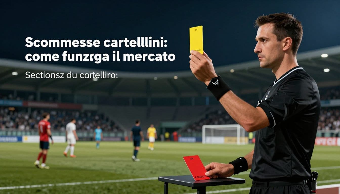 Arbitro con cartellino giallo e cartellino rosso su un tavolo a bordo campo.
