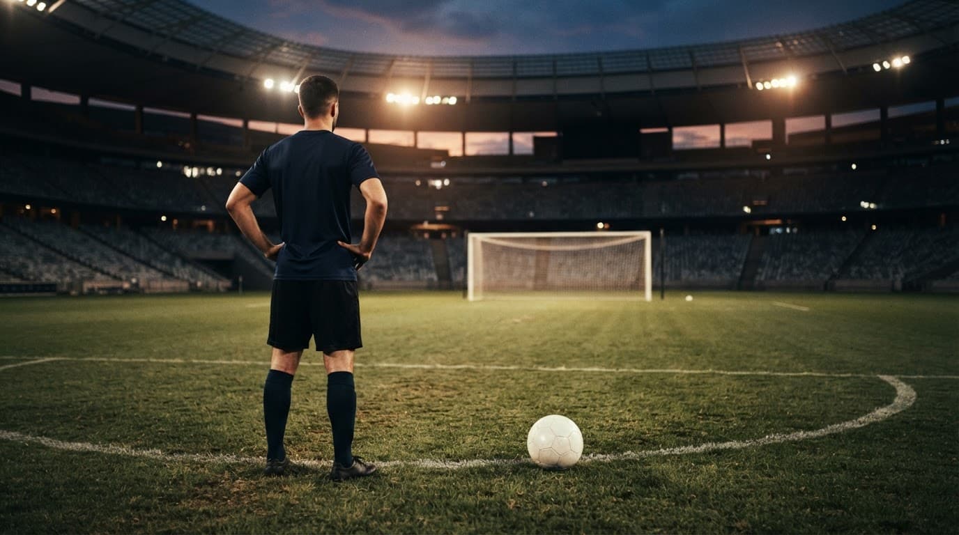 Attaccante solitario di spalle vicino all'area, con pallone e porta sfocata.