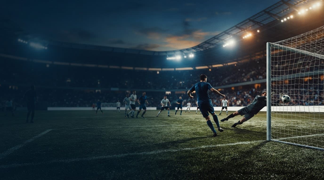 Pallone vicino alla porta con due squadre in campo al tramonto.