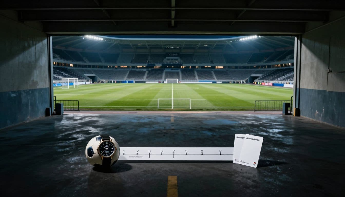 Un pallone, un orologio e due cartellini davanti al campo illuminato.