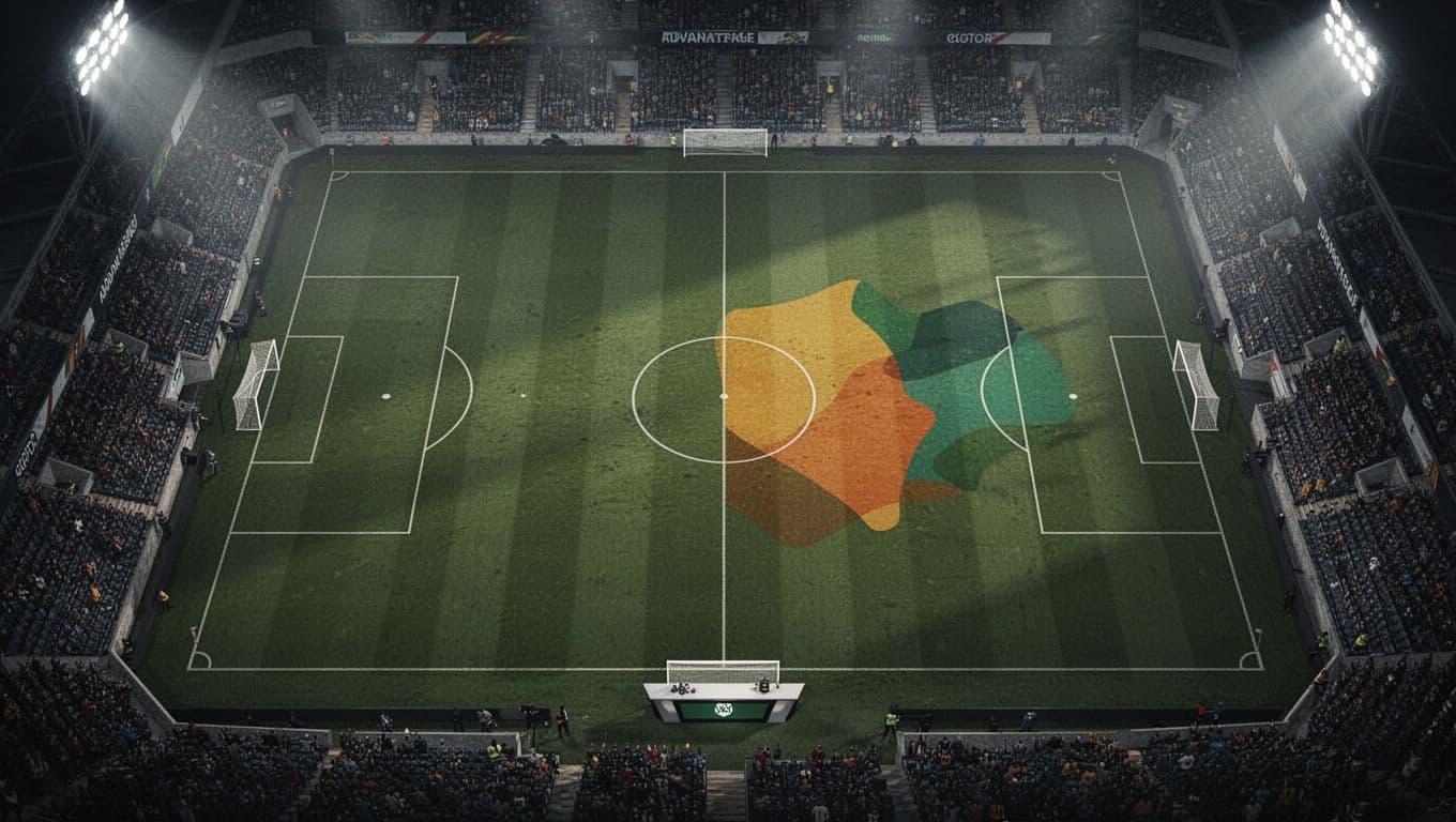 Campo da calcio visto dall'alto con due marcatori e un vantaggio applicato a una squadra.