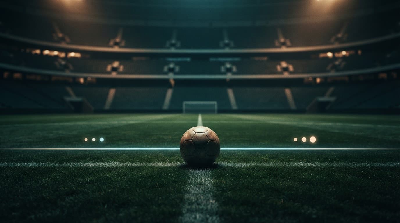 Pallone da calcio su una linea di soglia in uno stadio vuoto.