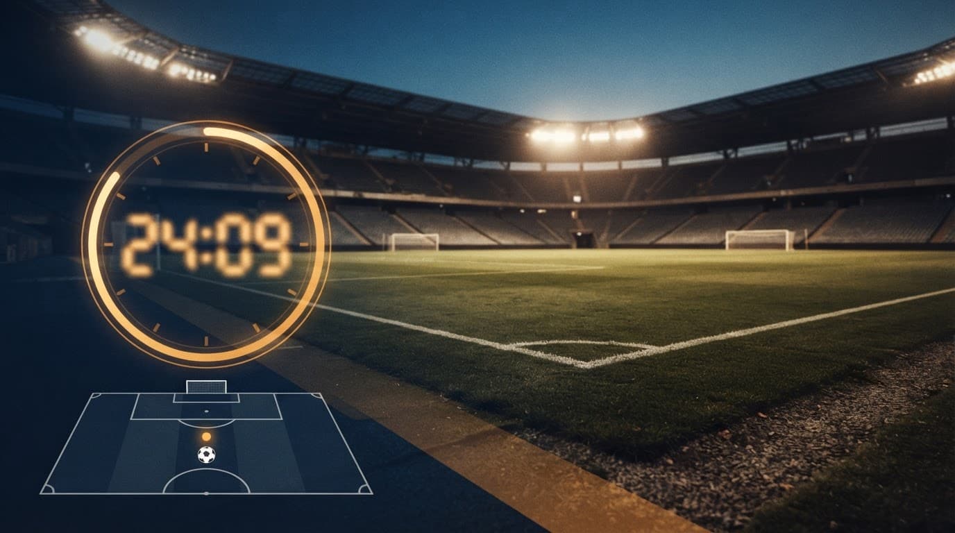 Orologio di partita e pallone vicino all'area di rigore in uno stadio vuoto al tramonto.
