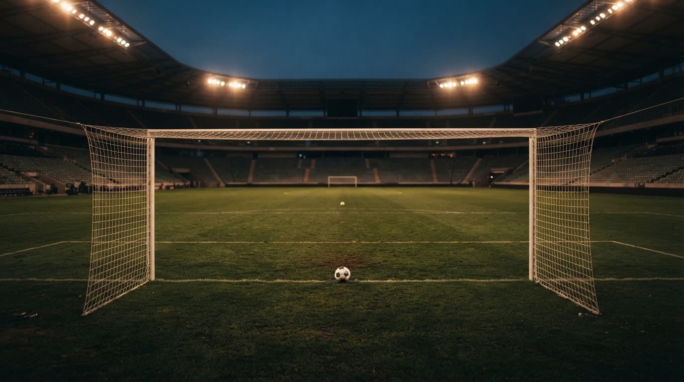 Porta vista da dietro la rete, con un pallone vicino alla linea e un altro lontano.