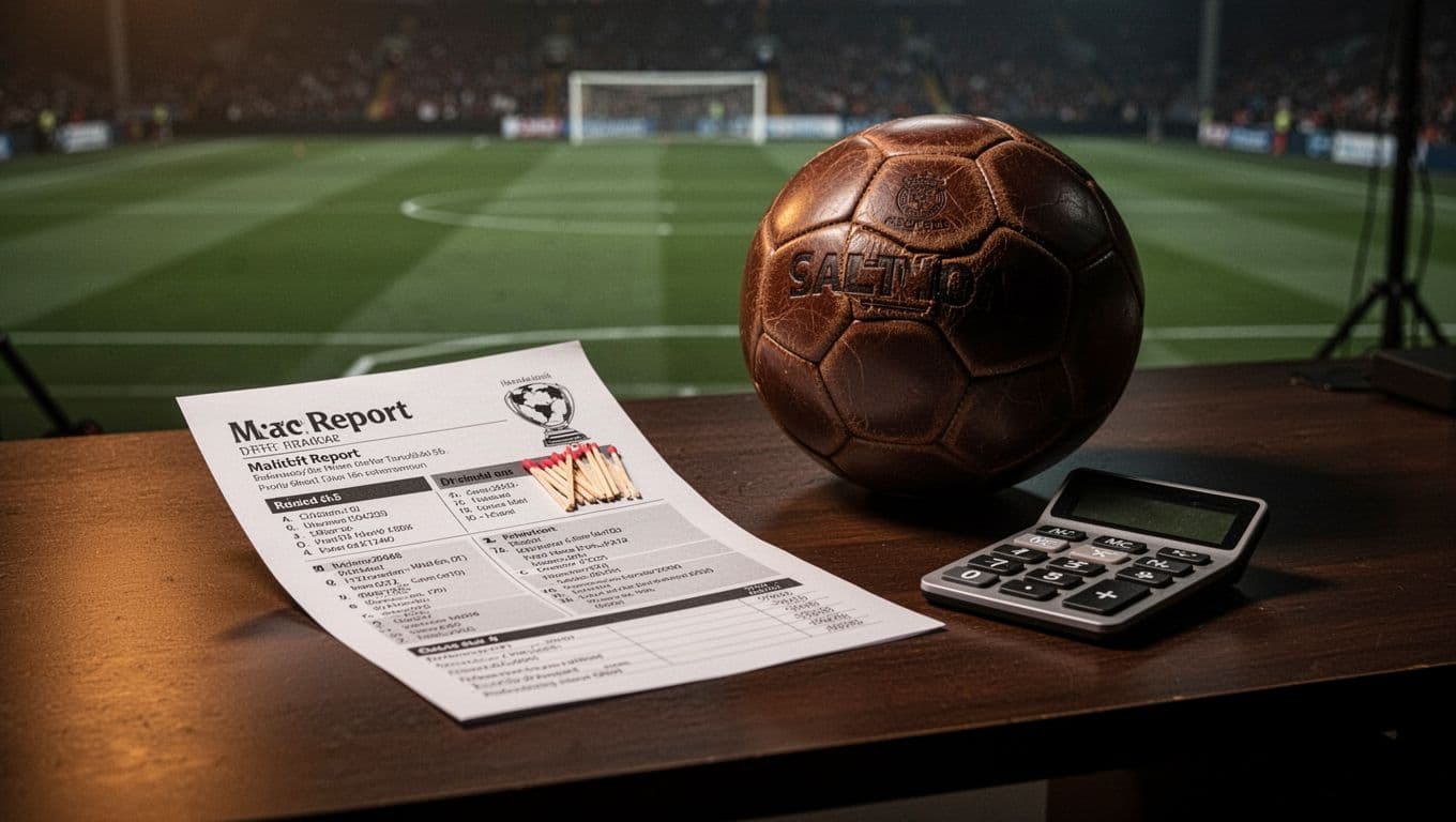 Referto calcistico, pallone e calcolatrice su una scrivania scura.