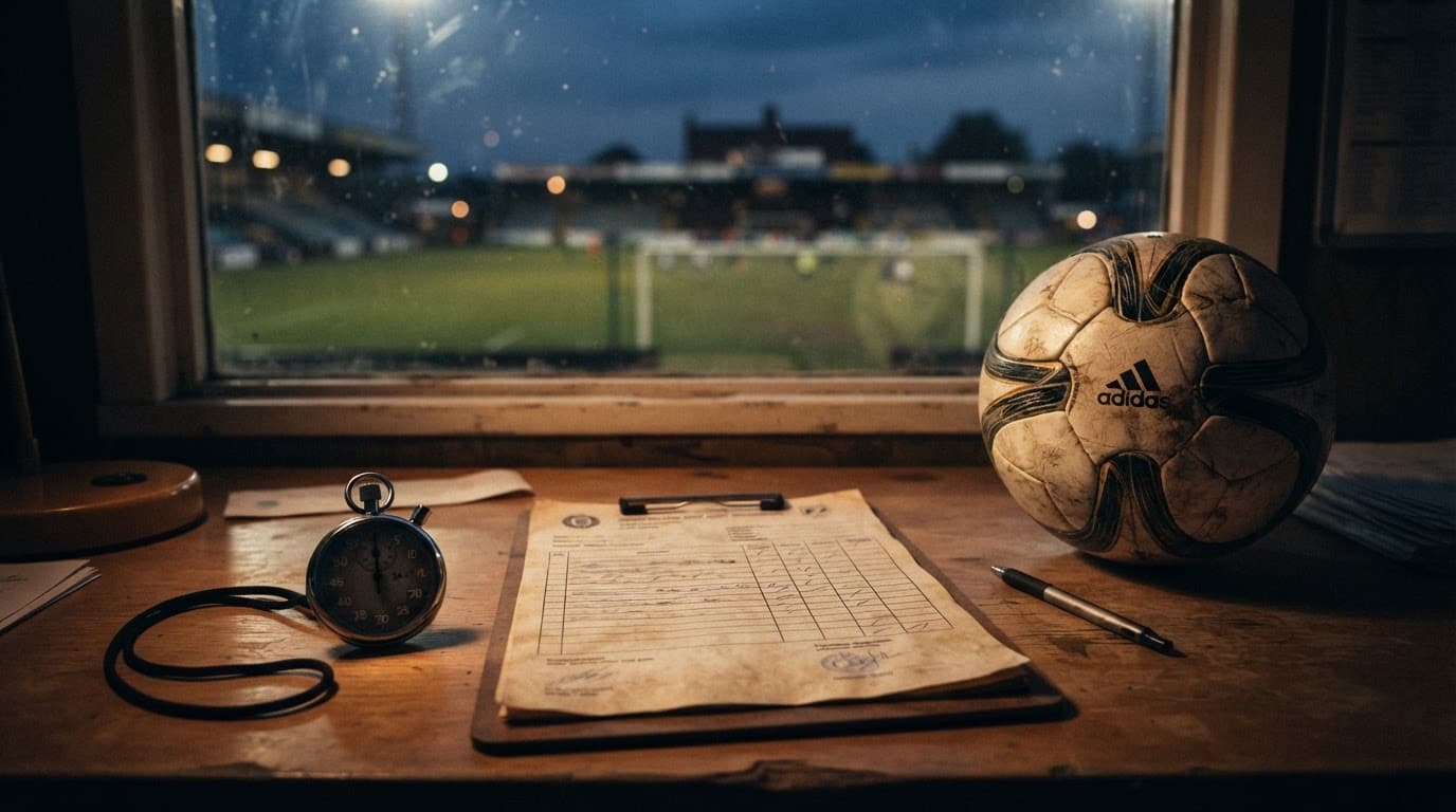 Referto senza scritte, cronometro e pallone su una scrivania davanti a un campo sfocato.