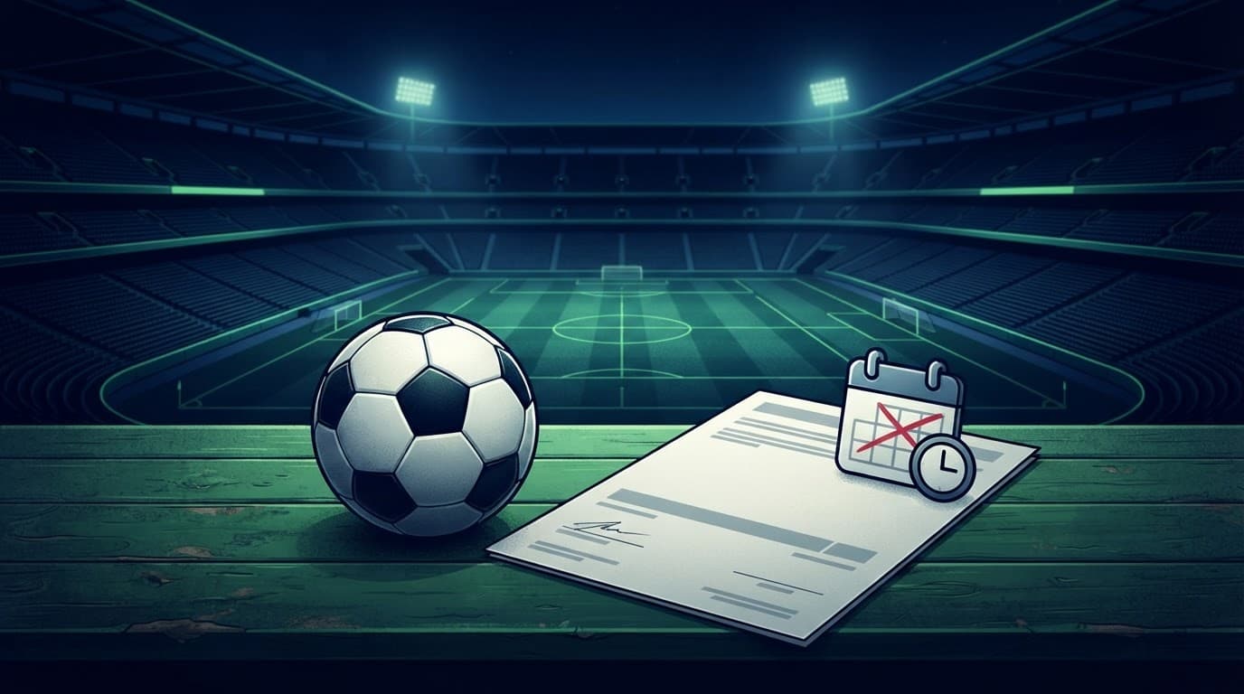 Pallone e referto ufficiale accanto a un calendario in uno stadio vuoto.