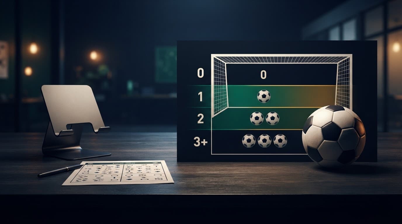 Scrivania scura con pallone, foglio astratto e diagramma delle soglie da zero a tre gol.
