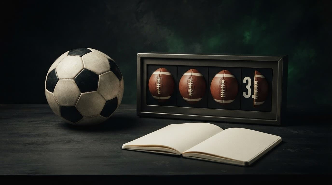 Pallone, tre sfere intere, mezza sfera e quaderno su un tavolo scuro.