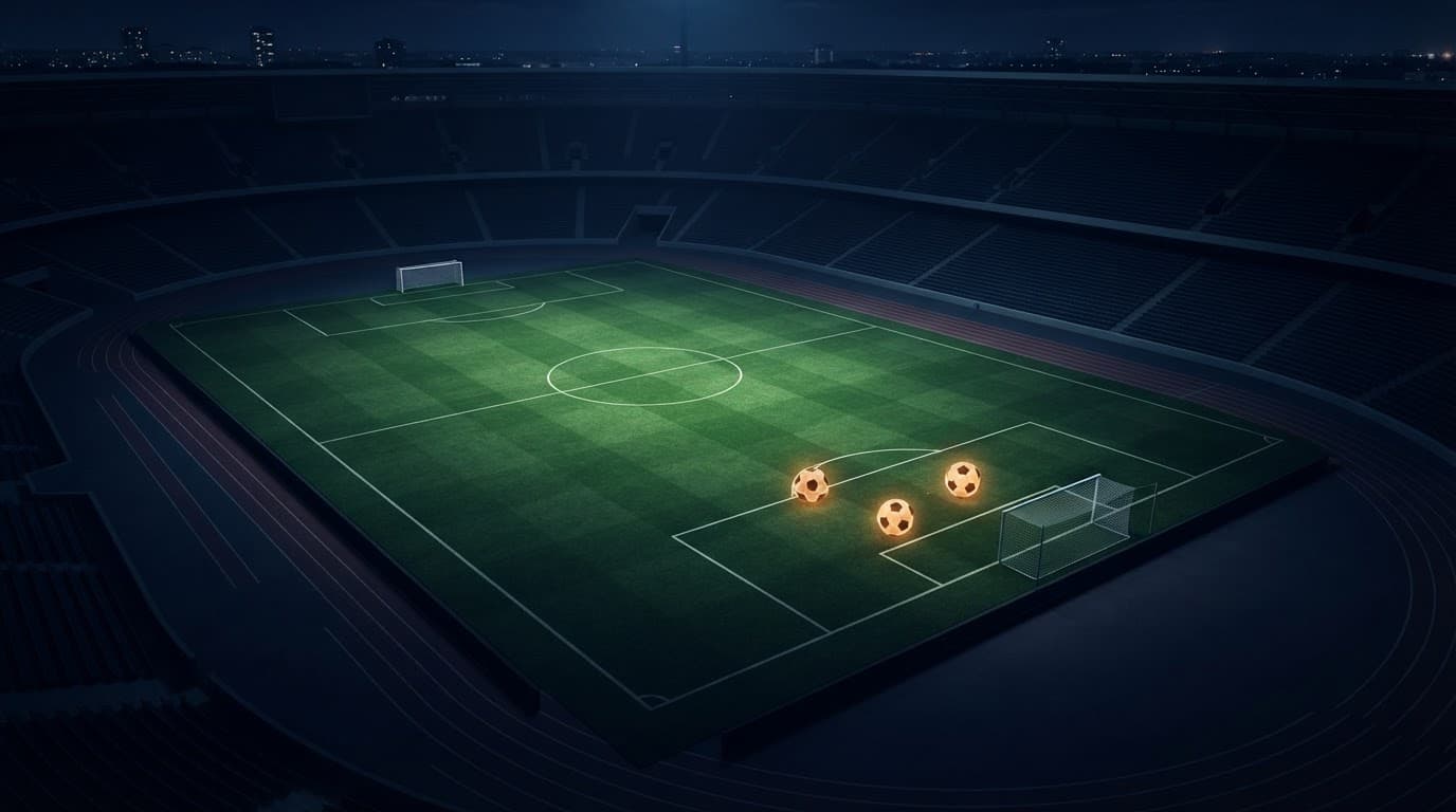 Campo da calcio notturno con tre palloni luminosi vicino alla porta.