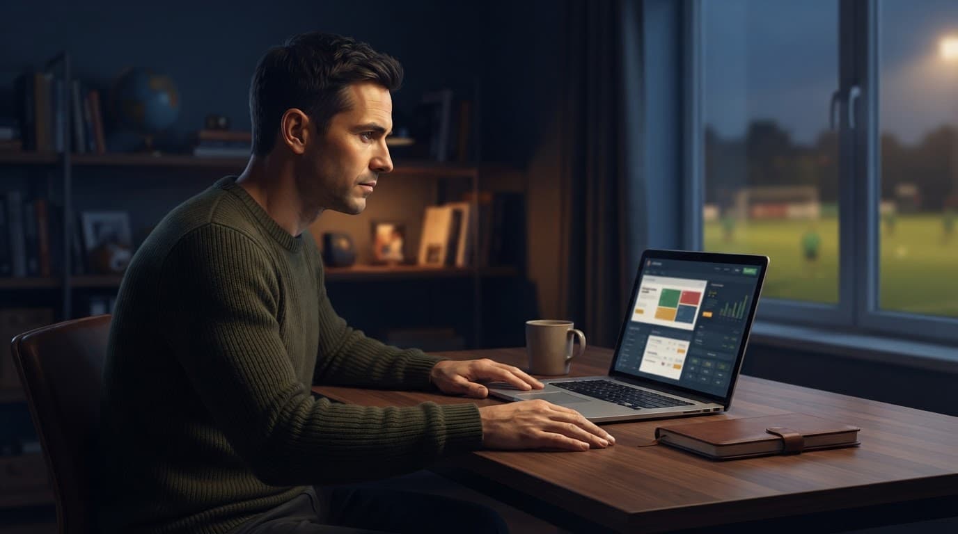 Un adulto studia il mercato 1X2 al laptop, con un campo da calcio sfocato alla finestra.