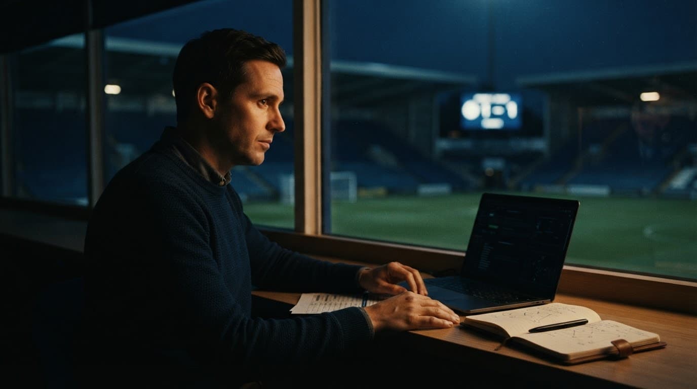 Analista di calcio controlla un foglio di gara alla scrivania vicino allo stadio.